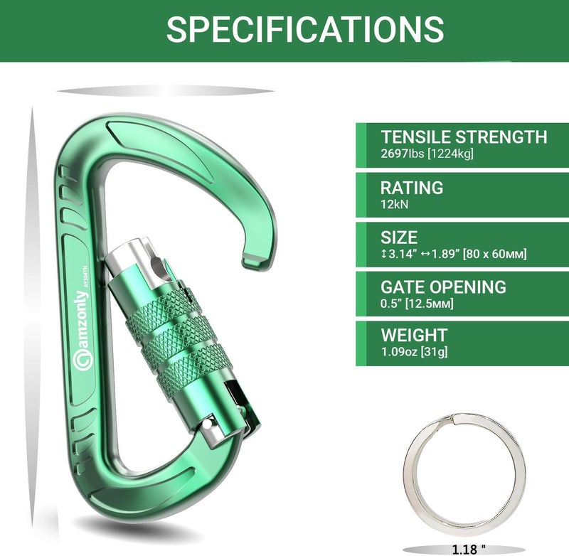 Amzonly 3inch Auto Locking Carabiner Clips Heavy Duty, 12KN /2697lbs Lightweight keychain carabiners, Sturdy Twist Lock Caribeeners for Camping Hiking Hammock Swing Backpack, dog leash and Harness etc - Image 3
